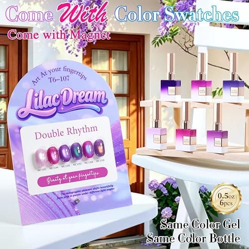 Double Rhythm Cat Eye Gel Nail Polish Set of 6 Same Color Same Bottle 0.5 Oz Shimmer Glitter with Magnet Holographic Magnetic UV Nail Polish Kit (Blush Fuchsia Magenta Purple Violet Lavender -T6-107) thumbnail 3