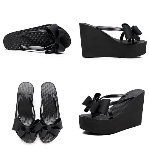 Forevercan Women'S Bow Lace-Up Platform Wedge Flip Flops Fashion Round Peep Toe Slip-On Platform Flip Flops Summer Casual Beach Parties Sandals thumbnail 4