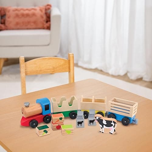 Melissa & Doug Wooden Farm Train Set - Classic Wooden Toy (3 Linking Cars) thumbnail 9