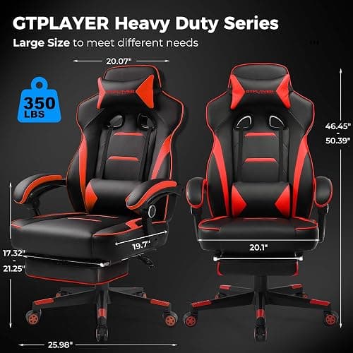 GTPLAYER Gaming Chair with Footrest, Big and Tall Game Chair 350lb Racing Style Computer Chair, Ergonomic Executive Office Chair High Back with Lumbar Support and Recliner, Red thumbnail 2