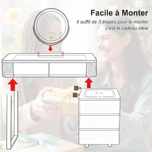 MJKCBD Moderne Coiffeuse avec Miroir à LED & 5 Tiroirs | 100cm Coiffeuse avec Table Transparente Lumineuse, 3 Couleurs, Parleur Bluetooth, Chargement Sans Fil / USB thumbnail 8