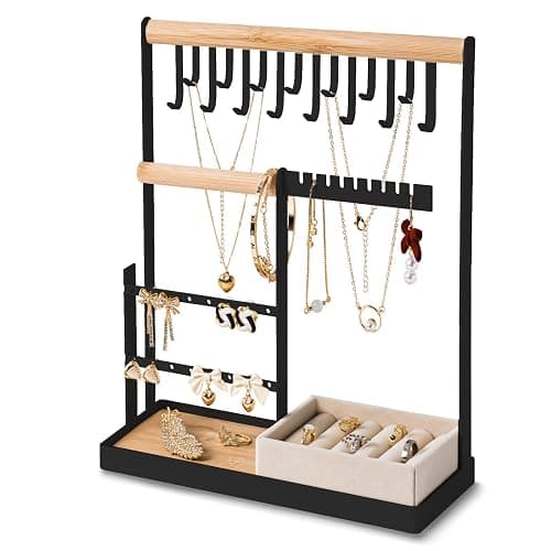 DreamGenius Jewelry Organizer Stand with Velvet Ring Holder, 4 Tier Jewelry Holder Organizer with 15 Hooks for Necklaces and 16 Holes for Earrings, Black - Image 1