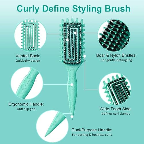 Curly Hair Brush, Curl Defining Brush with Soft Boar Bristles Detangling Tangled Glides, Wide-Teeth Design Effortlessly Shaping & Defining Curls, Curling Definer for Wet & Dry Hair (Green) thumbnail 2