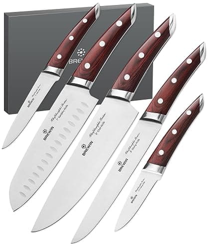 Brewin CHEFILOSOPHI Japanese Chef Knife Set 5 PCS with Elegant Red Pakkawood Handle Ergonomic Design,Professional Ultra Sharp Kitchen Knives for Cooking High Carbon Stainless Steel - Image 1