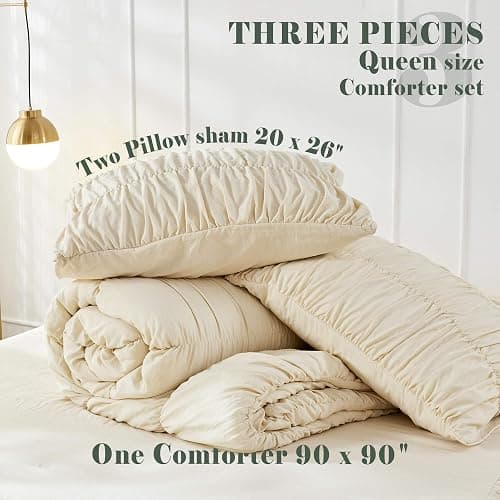 Queen Comforter Set - Ruched Comforter Queen Size Bed Set Boho Shabby Chic Bedding for Bedroom Comforter Fluffy 3 Piece Ruffle Comforter Set with Pillow White Bedding Soft thumbnail 6