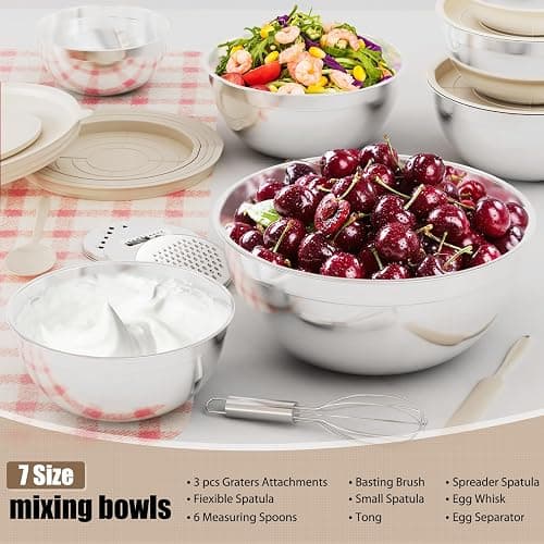 ENVTEK 7-Piece Stainless Steel Mixing Bowls Set with Lids & 3 Grater Attachments – Size 4.5, 4, 3.5, 2.1, 1.5, 1.1, 0.7QT, Kitchen Gadgets Set for Cooking, Baking, and Serving, Khaki thumbnail 8