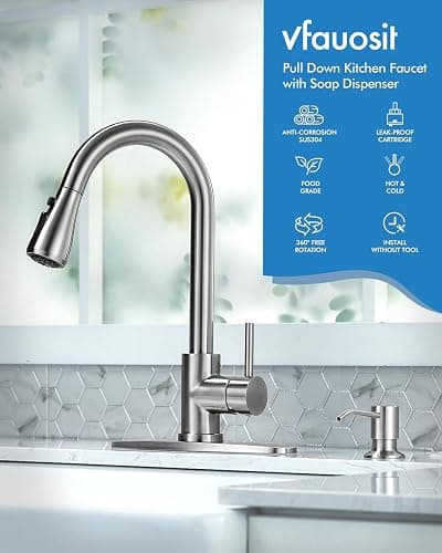 VFAUOSI RV Bath Faucets, Shower Faucet with Soap Dispenser for RV Sink, 3-Mode Kitchen Sink Faucet with Pull Down Sprayer Stainless Steel Single Handle Brushed Nickel thumbnail 3