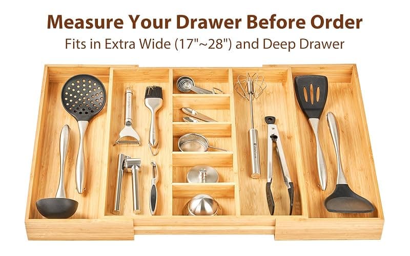Umilife Extra Large Expandable Kitchen Drawer Organizer for Utensil and Junk, 19" Deep for Big Drawer, 17" to 28" Adjustable Bamboo Wood Drawer Divider, Cutlery Tray, Flatware Holder thumbnail 5