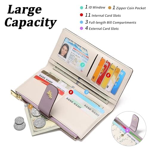 GAEKEAO Womens Wallet Slim Thin RFID Blocking Floral Vegan Leather Card Holder Bifold Long Ladies Wallet with Zipper Pocket thumbnail 3