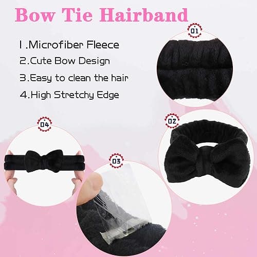 WSYUB Makeup Headbands, 1pcs Black Spa Headband Fluffy Bow Tie Headband Microfiber Face, and 2Pcs Wrist Spa Wash Band Absorbent Wristbands, for Washing Face Skin Care thumbnail 4
