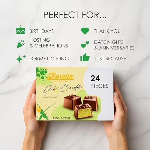 Fiorella Dubai Style Milk Chocolate Pistachio Squares, Filled Chocolate With Pistachio Butter & Crispy Kadayif, Individually Wrapped Chocolate Pieces, 24 Count Box thumbnail 7
