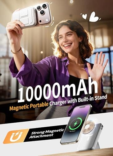 Gxorul Magnetic Portable Charger, 10000mAh Power Bank with Leather Foldable Stand - Travel Essentials, USB-C 20W Fast Charging for Magsafe Battery Pack, Compatible with iPhone 17/16/15/14/13 Series thumbnail 2