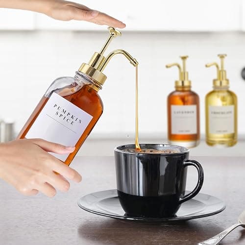 Coffee Syrup Dispenser for Coffee Bar, Coffee Syrup Pump Dispenser, Glass Syrup Bottle with Gold Upgraded Pump, 4 Pack 16.9 oz 500 ml Syrup Dispensers, 28 Labels and Large Bamboo Tray thumbnail 7