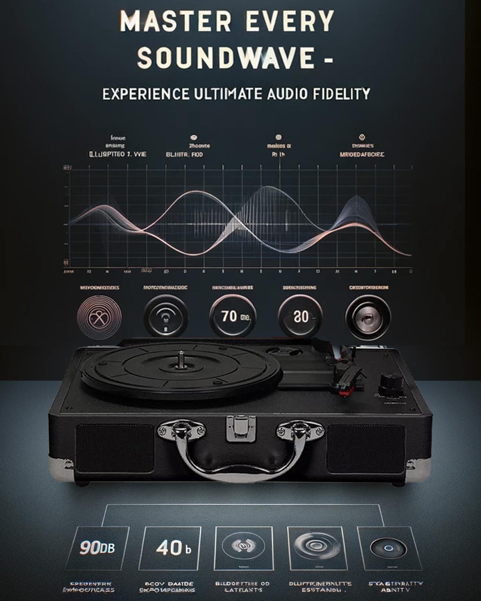 High-Fidelity Vinyl Record Player | Vinyl Record -Player 3-Speed Bluetooth Portable Suitcase with Built-in Speakers, Bluetooth Wireless Playback, Headphone, Auto Off for Home Decoration thumbnail 6