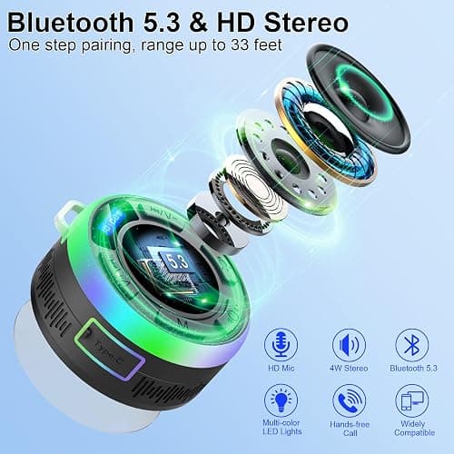 Shower Bluetooth Speaker IPX7 Waterproof, Portable Bluetooth Speakers with Suction Cup and Time Display, Crystal Sound&Bass LED Light 1100mAh, Wireless Shower Speaker for Outdoor/Kayak/ Gifts/Beach thumbnail 3