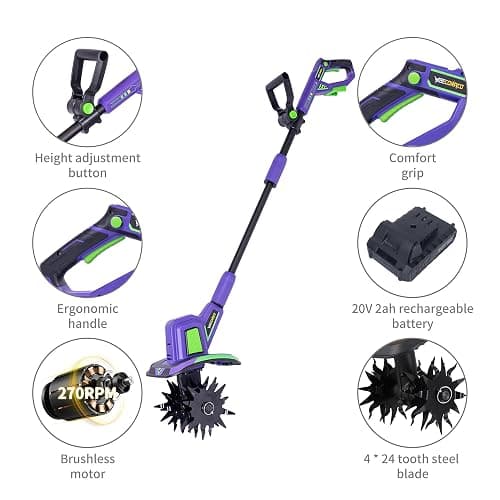 WEECONACO 20V Cordless Tiller Cultivator,48 Steel Tines Garden Tiller,8.6 inch Wide Battery Powered Garden Cultivator,(2AH Battery and Charger Included) thumbnail 8
