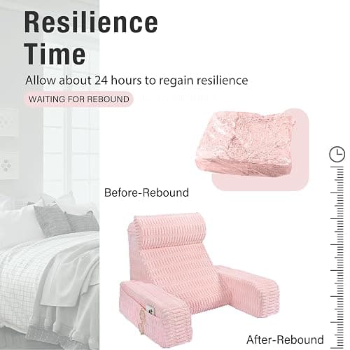 Selectico Reading Pillow for Bed Sitting Up with Large Pockets,Modern Style | 19" Supportive Backrest Cushion for Reading,Nursing,Resting,or Reclining,Stable Armrests & Washable Cover – Pink thumbnail 8