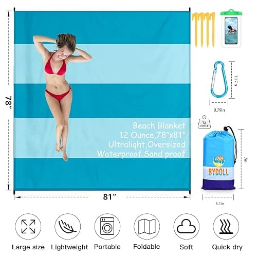 BYDOLL Beach Blanket 78''X81'' Waterproof Sandproof Suits1-4 Adults Oversized Lightweight Large Blanket Picnic Mat for Beach Sand Free Travel Camping Hiking Picnic thumbnail 2