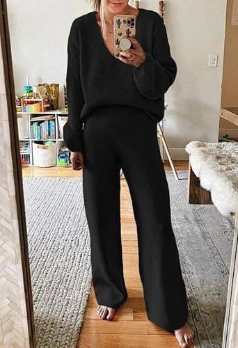 Fixmatti Women 2 Piece Knit Set Long Sleeve Pullover Sweater Top Wide Leg Pant Sweatsuit Outfits thumbnail 2