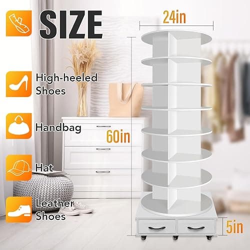 8 Tier Rotating Shoe Rack Tower contains 2 drawers, Spinning Shoe Rack Display Lazy Susan, Revolving 360 Shoe Racks Storage Round Carousel, Equipped with 5 Universal Wheels with Brake Function thumbnail 5