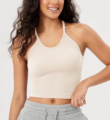 ODODOS Women's Crop 3-Pack Seamless Rib-Knit Camisole Crop Tank Tops thumbnail 2