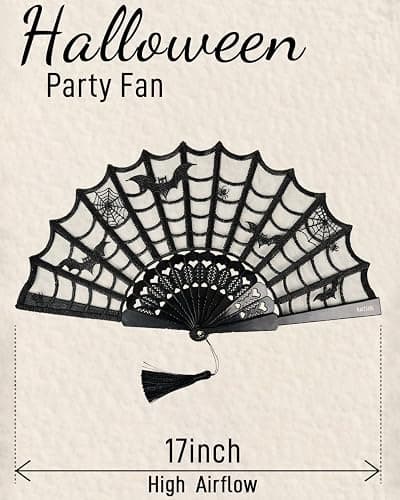 Kaitiaki Goth Folding Fan - Black Lace Handheld Fan with Spooky Spider Web Design, Gothic Accessories, Coffin Carrying Sleeve, High Airflow Fabric, Perfect for Halloween Costume thumbnail 3