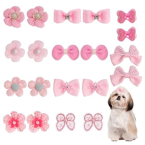 20Pcs Light Pink Small Dog Hair Bows Cute Puppy Dog Bowknot Hair Bow Bulk with Rubber Bands Elastic Lace Rhinestone Pearls Hair Ties Mix Style Handmade Flower Bow Dog Cat (Light Pink, Cute pattern)