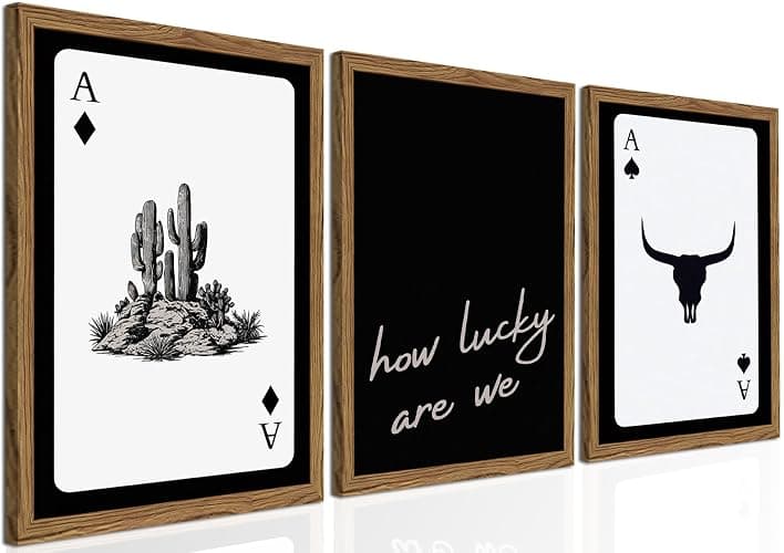Western Wall Art Set of 3, Southwestern Cowboy Playing Card Wall Decor, Longhorn Bull Skull and How Lucky are We Poster Canvas Painting Prints for Bedroom Living Room 12x16 inch Wood Framed - Image 1