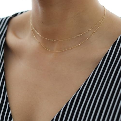 Tewiky Gold Chain Necklace for Women, 14k Gold Plated Thin Beaded Wave Box Chain Necklace Dainty Gold Necklace Simple Layered Gold Choker Necklaces Minimalist Gold Link Chain Necklace Trendy Jewelry for Women thumbnail 3