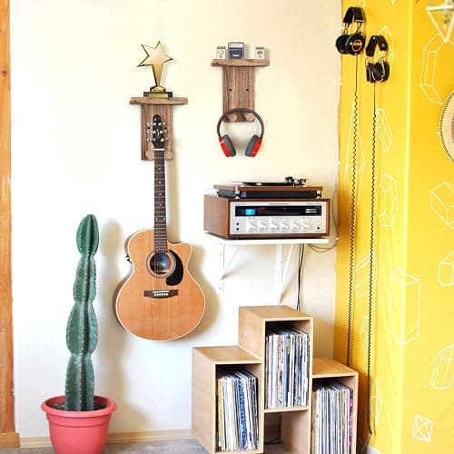 Keebofly 2-Pack Guitar Wall Mount Hanger with Shelf & Pick Holder - Wood Wall Hook for Acoustic, Electric, Bass Guitars, Ukulele (Screw-Mounted, Brown) [Patented] thumbnail 2