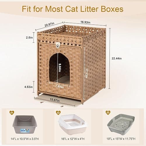 Snughome Cat Litter Box Enclosure Furniture Hidden with Litter Mat, Hidden Washroom Furniture with Door, Handwoven Rattan Cat Washroom Box, Indoor Pet House for Living Room, Bedroom(Natural) thumbnail 5
