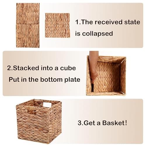HOYCYA6 11x11in Wicker Storage Basket Set of 2 Collapsible Hyacinth Cube Storage Baskets,Storage Bins for Organizing Storage Basket with Built-in Handles thumbnail 5