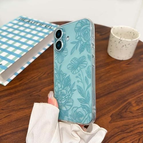 NITITOP Compatible with iPhone 16 Case Cute Clear Floral Flower Pattern for Girls Women Soft TPU Full Camera Lens Shockproof Protective Phone Cover - Teal thumbnail 7