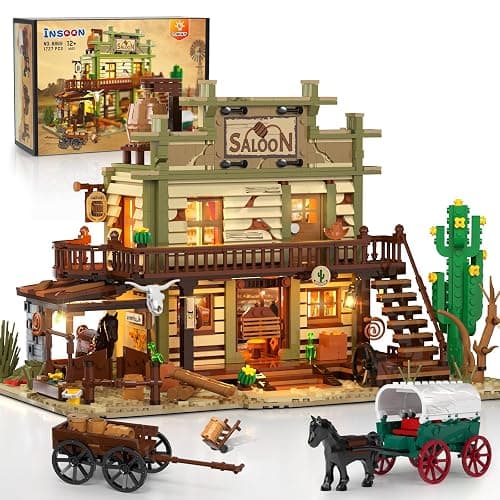 INSOON Western Saloon Building Set with LED Light, Wild West Building Block Toy 1727 PCS, Old West Construction Model with Horse Stable Cowboy Hat, House Building Kit Gift for Adults Teens 12+ - Image 1