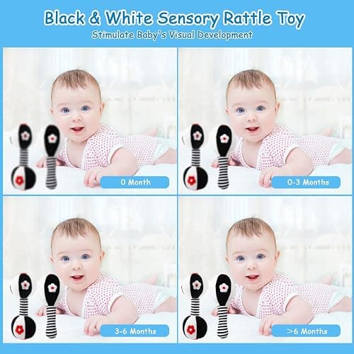 JoyLife Jouets D'éveil Bebe 0 3 6 12 Mois, Noirs et blancs Jouet de Peluche Hochets Haltère Cadeau pour Bebe Garçon Fille, Voyage Douce Jouets en Peluche avec des sons pour Nouveau-né cadeaux thumbnail 2