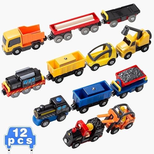 Giant bean 12 Vehicles Train Car Set Accessories, Battery Operated Magnetic Mini Construction Set for Wooden Train Tracks, Bulk Car Toys for Toddlers 3 4 5 Year Boys Girls Kids thumbnail 3