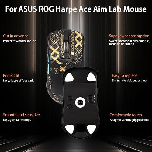 NOUKAJU Mouse Grip Tape Full Coverage for ASUS ROG Harpe Ace Aim Lab, Self-Adhesive Sweat-Resistant Professional Mice Upgrade Kit,Mouse Feet Skates(Foot pad + Black-Gold Mouse Tape) thumbnail 2