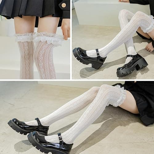 Ninejuize Thigh High Stockings with Bow, Santa Accessory Y2K Fishnet Socks with Lace Brim Lingerie Tights for Women thumbnail 6