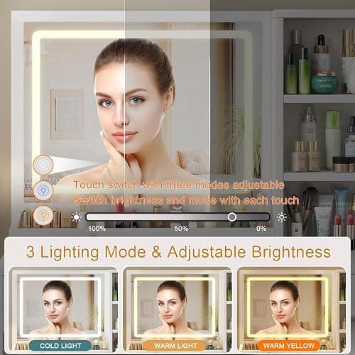 OTOQS Vanity Desk with Mirror and Lights, 4 Drawers & Benches Vanity Desk Set, 3 Color Lighting Modes Adjustable Brightness Vanity for Bedroom Makeup Table thumbnail 4