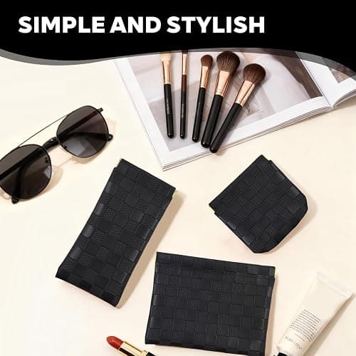 3PCS Small Makeup Bag for Women, Mini Cosmetic Bags Leather Pocket Pouch Purse,Snap Closure Waterproof Portable Bag,Checkered Storage Travel Bag for Lipstick Change Glasses Coin Cards (Black) thumbnail 4