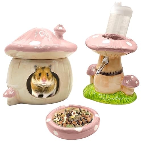 BELEATAL Mushroom Ceramic Hamster Hideout, Water Bottle with Stand, Food Bowl, Hamster Accessories (Pink) - Image 1