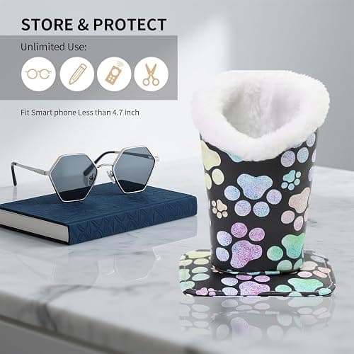 FlyingMage Plush Lined Eyeglasses Holder, Cute Magnetic PU Leather Glasses Stand Case for Women Men Kids thumbnail 2