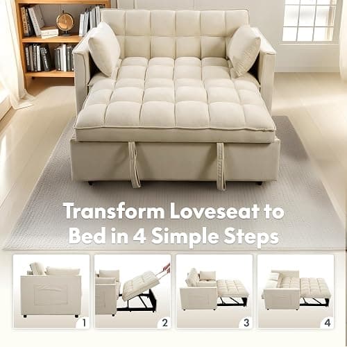 FLEXISPOT XCT4 Pull Out Couch, 3-in-1 Sleeper Sofa Bed with Adjustable Backrest, Loveseat Sleeper with Pillows & Side Pockets, Convertible Futon Couch for Small Spaces Guest Room Apartment, Cream thumbnail 4