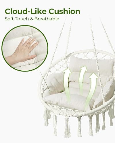 Greenstell Hammock Chair, Macrame Swing Chair with Comfy Cushion, Boho Hanging Chair for Outdoor & Indoor, Perfect for Bedroom, Patio, Balcony, Hold up to 330Lbs, White thumbnail 4