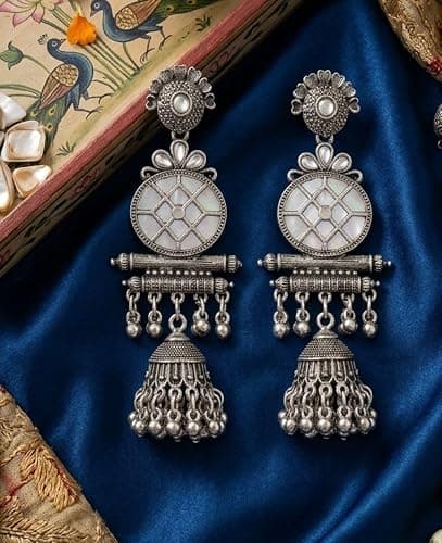 Indian Silver Oxidized Jhumkas Earring for Women Indian Ethnic Traditional Lighweight Dangle Long Jhumka Hoop Earring Jewelry Birthday Gifts thumbnail 6