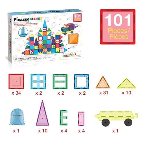PicassoTiles 101 PCs Magnetic Tiles Building Blocks with Car & Drawstring Carry Bag Toy Storage Magnet Block for Toddlers Kids STEM Toy Set Educational Tile Learning Brain Development Ages 3+ PC101 thumbnail 4