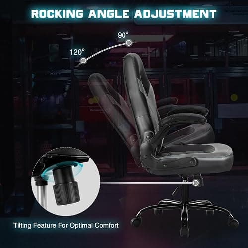 DUMOS Gaming Ergonomic Office Chair for Adults, Height Adjustable Computer Desk Chair with Flip-up Armrests, PU Leather Swivel Video Game Chair with 360° Rolling Wheels, Grey thumbnail 6