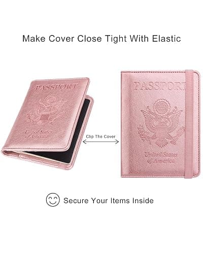 WALNEW Passport Holder for Travel, RFID Passport Cover Wallet for Women Men, PU Leather Passport Book Card Holder Case with Pen (Elastic Band Closure, A-Rosegold) thumbnail 4