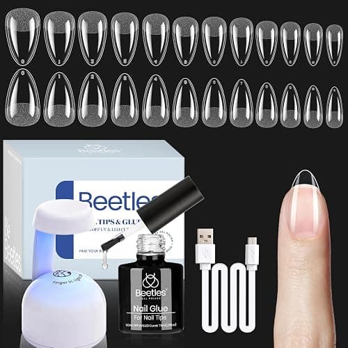 Beetles Gel Nail Kit Etch-X, Almond Short, 504pcs 12 Sizes Nail tips, with 9 in 1 Nail Glue Mini LED Light, Acrylic Half Matte Tips Press On Nail, Extension DIY Set at Home, Gift for Women & Girls - Image 1