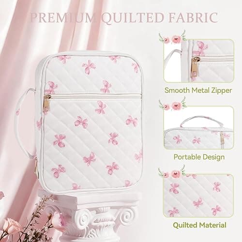 Bible Cover Case for Women, Large Quilted Bible Carrying Case with Handles, Bible Study Supplies & Accessories Christian Gifts for Women(Pink Bow) thumbnail 5